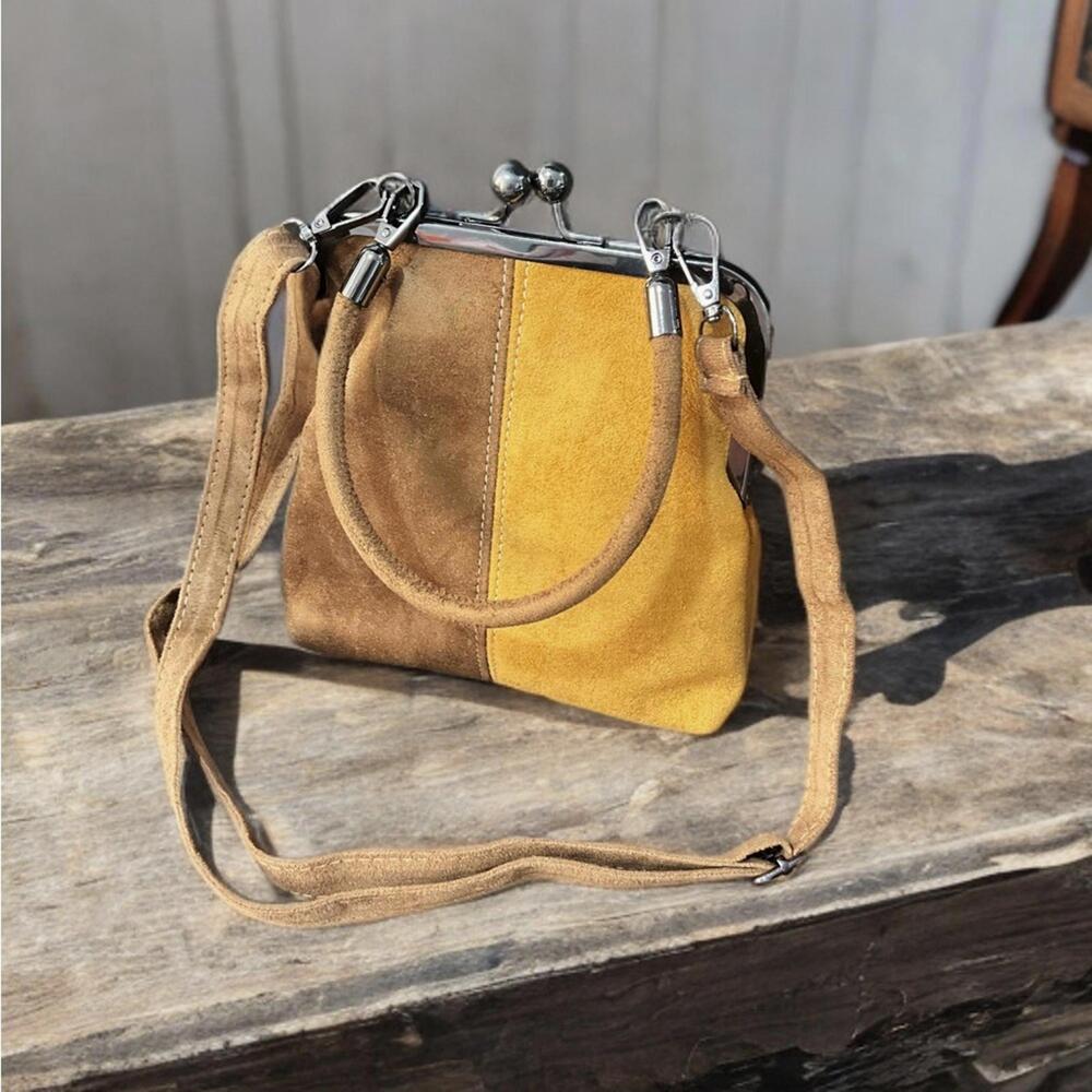 NEW Vintage Retro French Small Square Crossbody Bag Purse Colorblock Faux Suede - Picture 4 of 6
